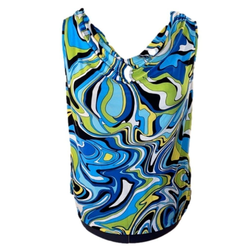 Peter Nygard Women’s Blue Multicoloured Sleeveless Scoop Neck Top (Size Large)